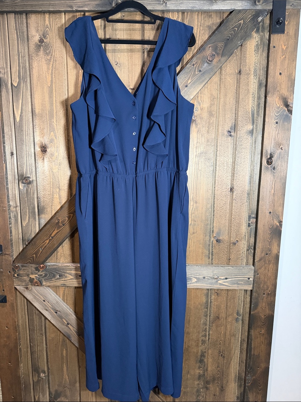 Reitmans Navy Ruffle V-Neck Jumpsuit
